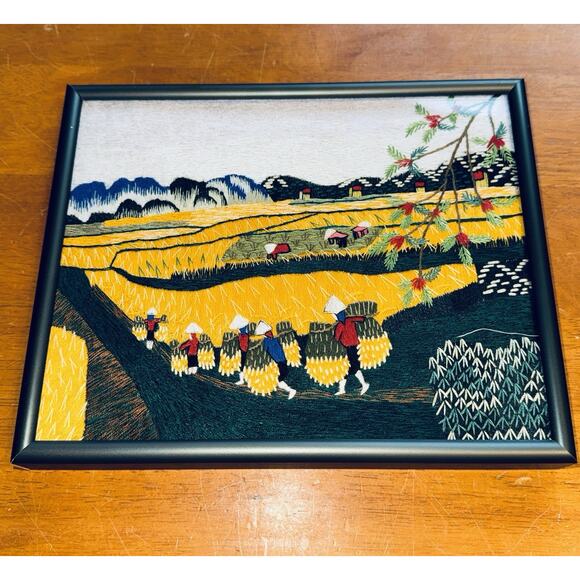 Vietnamese Embroidered Silk Thread Framed Folk Art Handmade Wall Art Harvest - Picture 1 of 9